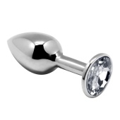 Серебристая анальная втулка с прозрачным кристаллом Mini Metal Butt Plug Size L - 9 см.