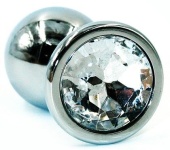 Серебристая коническая анальная втулка с прозрачным кристаллом - 8 см.