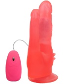 Розовый анально-вагинальный вибромассажёр с проводным пультом - 17 см.