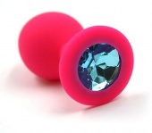 Силиконовая анальная пробка средняя розовая с голубым кристаллом
