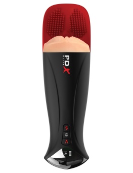 Телесный мастурбатор-вагина в черной колбе с вибрацией Fuck-O-Matic Pro XL