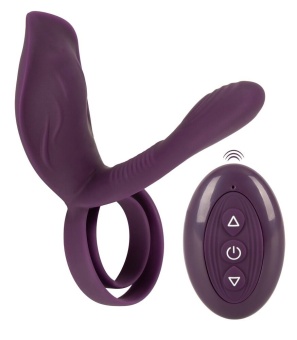 Фиолетовая насадка на член с клиторальным отростком и пультом ДУ RC Couple’s Vibrator 2