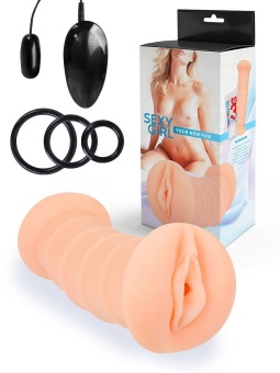 Телесный двусторонний мастурбатор с вибропулей и эрекционными кольцами в комплекте