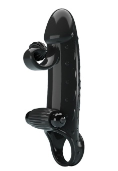 Черная вибронасадка на пенис с подхватом мошонки - 20 см.