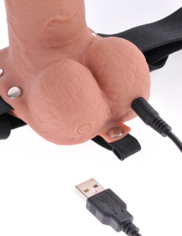 Полый реалистичный фаллопротез с вибрацией Hollow Rechargeable Strap-on with Balls 20 см мулат