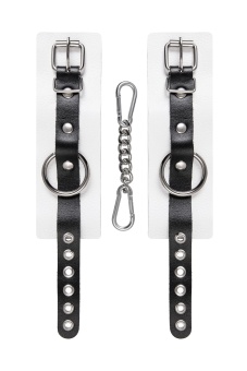Бело-черные кожаные наручники с одним ремешком с люверсами