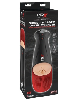 Телесный мастурбатор-вагина в черной колбе с вибрацией Fuck-O-Matic Pro XL