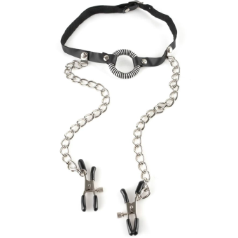 Кляп с зажимами для сосков Pipedream O-Ring Gag Nipple Clamps