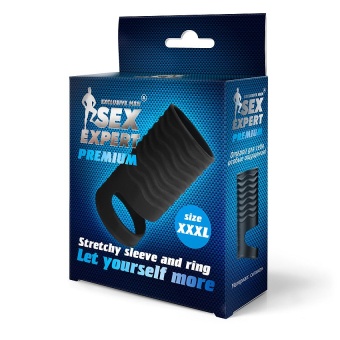 Открытая насадка на пенис с кольцом для мошонки XXXL-size 9,9 см черная