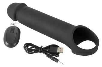 Черная вибронасадка для пениса с хомутом для мошонки и пультом ДУ Remote Controlled Penis Extension