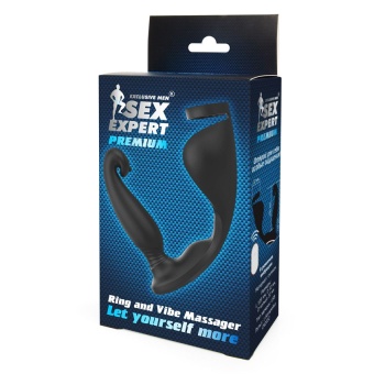 Анальный вибромассажёр с эрекционным кольцом и подхватом для мошонки 12,8 см черный