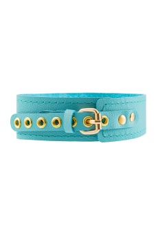 Голубой кожаный однослойный ошейник с прошивкой