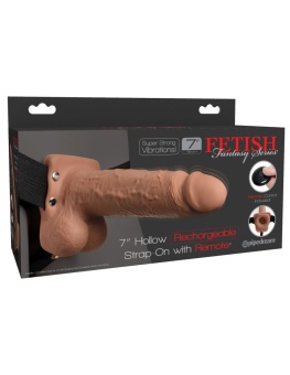 Полый реалистичный фаллопротез с вибрацией Hollow Rechargeable Strap-on with Balls 20 см мулат