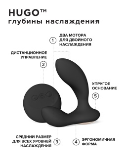 Черный вибромассажер простаты с пультом ДУ Hugo 2 Remote