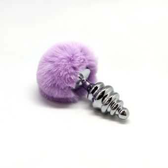 Серебристая анальная пробка с сиреневым мехом Metal Anal Fluffly Twist Plug L