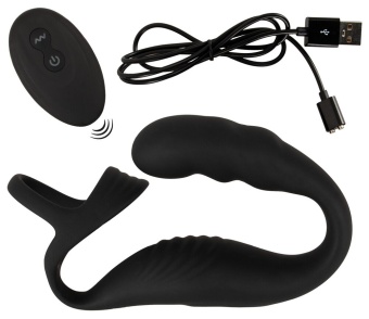 Черное эрекционное кольцо со стимуляцией промежности и анальной пробкой Cock Ring with RC Prostate Plug